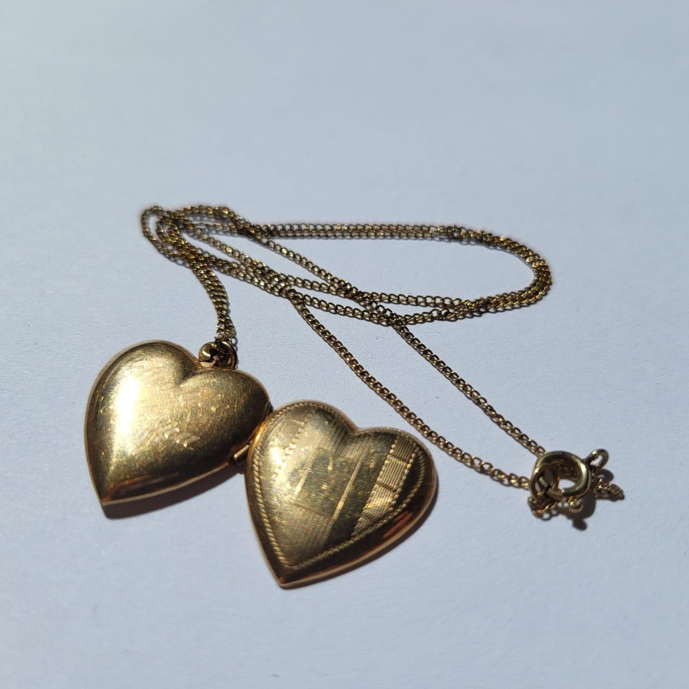 12K Gold Filled Heart Locket Necklace Vintage Etched Engraved Romantic